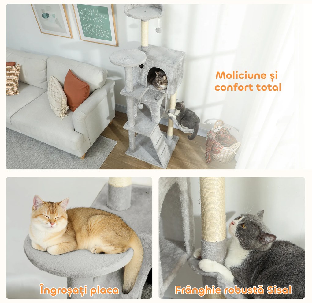 PawHut Arbore de Zgâriat pentru Pisici Înalt de 160 cm cu 2 Căsuțe, Hamac, Pat și Stâlpi din Sisal, Gri | Aosom Romania