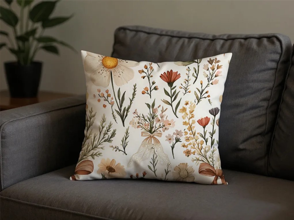 Față de perna din policoton FLORAL RIBBON POLY 45x45 cm, crem