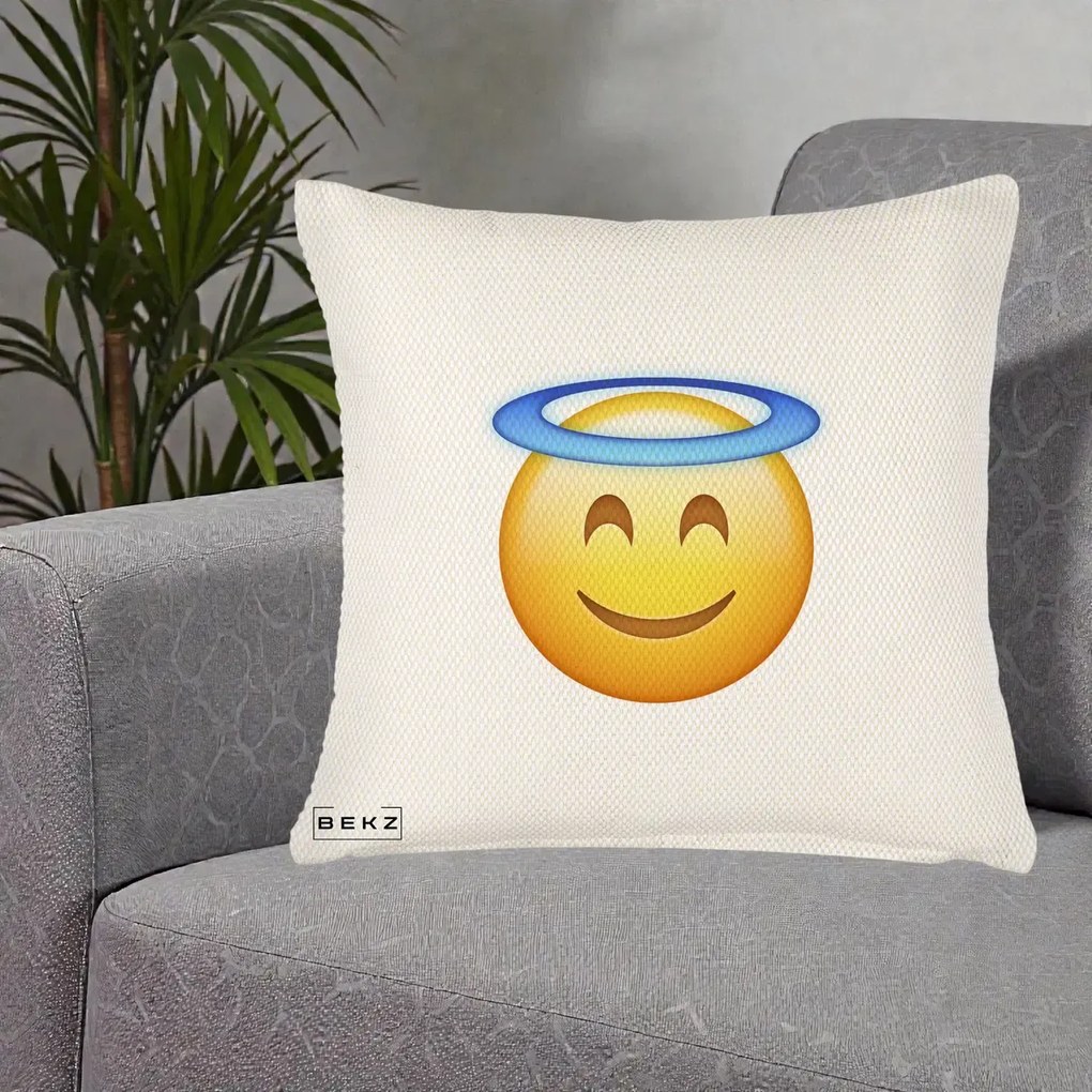 Perna Decorativa Emoji Inger cu Aureola, 40x40 cm, Crem Reliefat, Husa Detasabila, Perna Inclusa, BEKZ®