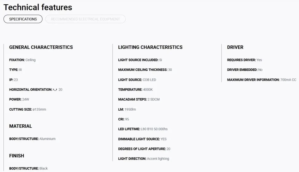 Spot LED incastrabil MINI-OPTIC Black downlight LED CRI95 17/24W 4000K 20° 2110/2875 lm