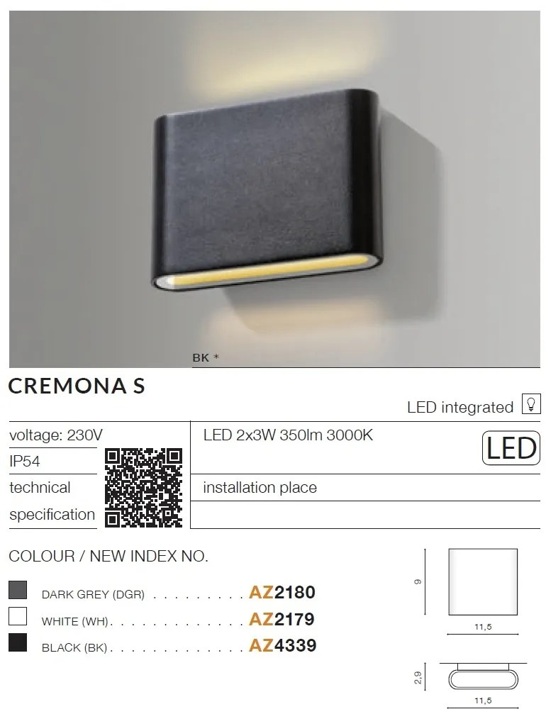 Aplica LED de perete exterior ambientala IP54 CREMONA S negru