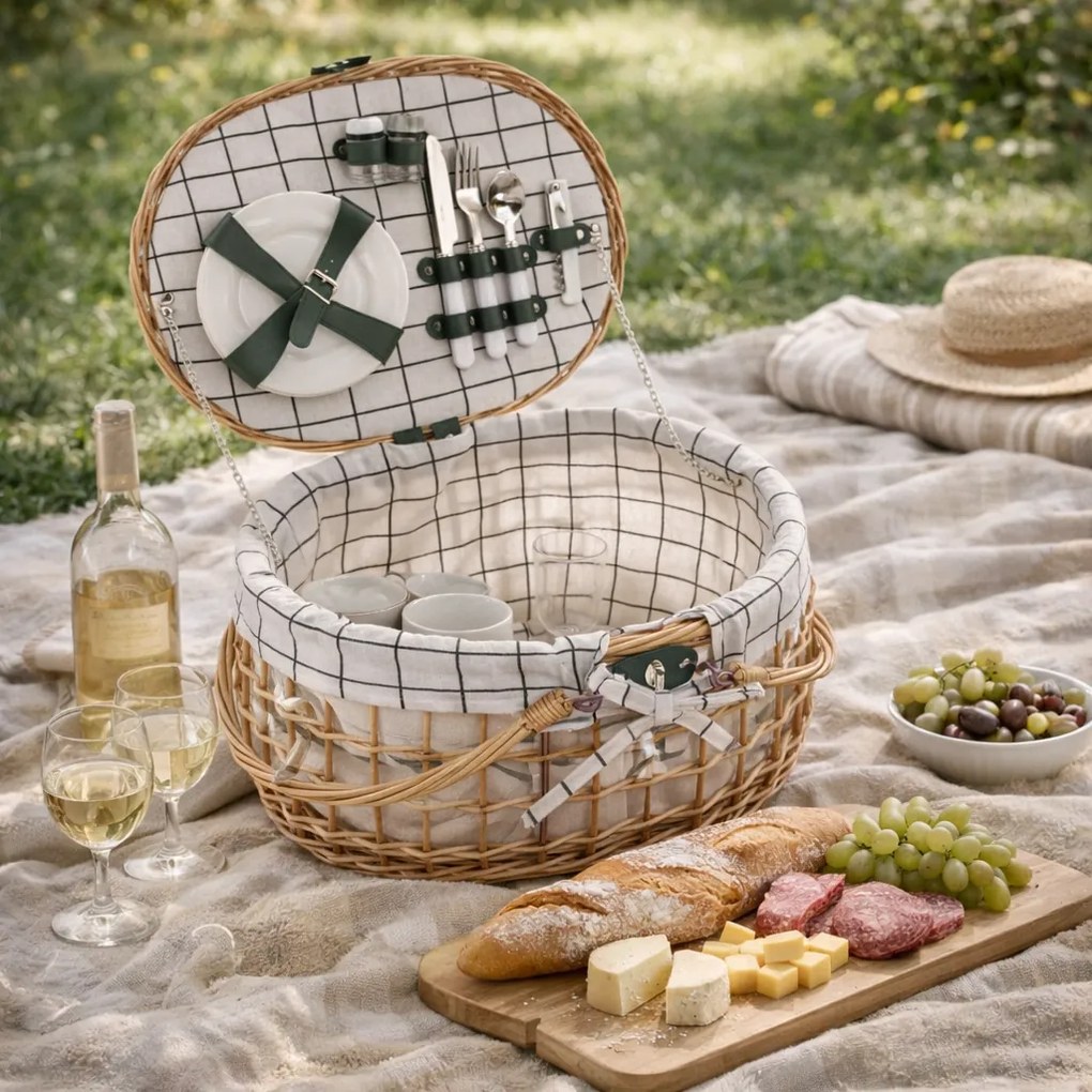 Coș de picnic din răchită pentru 2 persoane, 42 x 34 x 25 cm, 2,75 kg