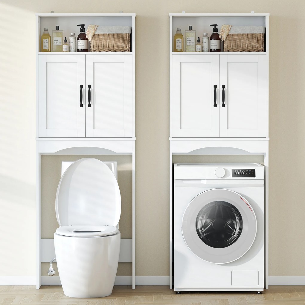 HOMCOM Dulap peste WC Mobilier de baie cu 2 uși cu închidere silențioasă Raft deschis 64x21x173,5 cm Alb | Aosom Romania