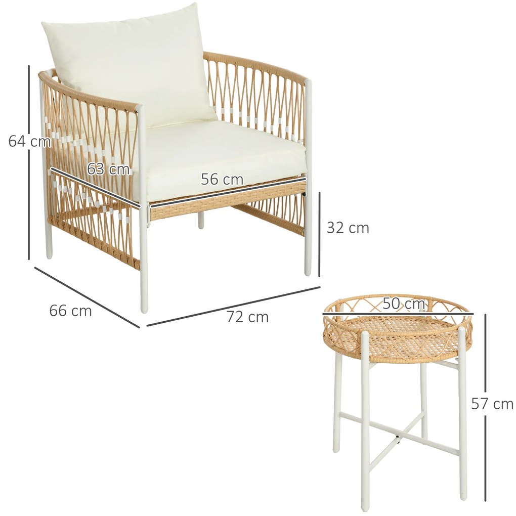 Outsunny Mobilier din 3 Piese pentru Terasă, Set din 2 Canapele și o Măsuță de Cafea pentru Exterior din Ratan, 72x66x64 cm, Crem | Aosom Romania