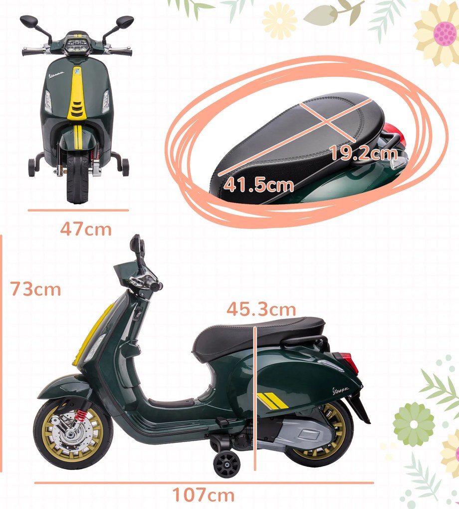 AIYAPLAY Motocicletă electrică pentru copii Vespa 6V dim. 107L x 47l x 73H cm Muzică MP3 Port USB Far 2 roți de antrenare - Verde | Aosom Romania