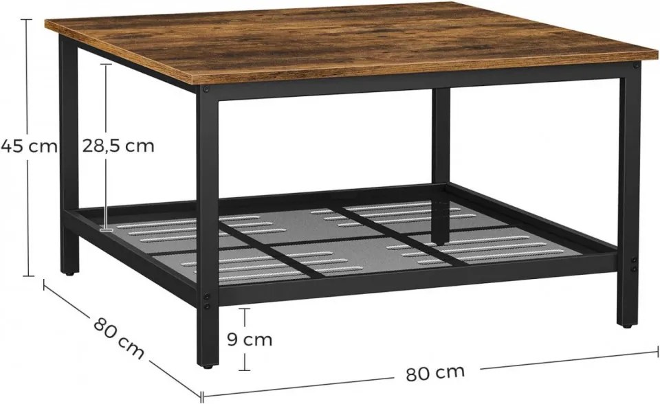 Masuta de cafea cu raft, 80 x 80 x 45 cm, PAL melaminat / metal, maro / negru, Vasagle