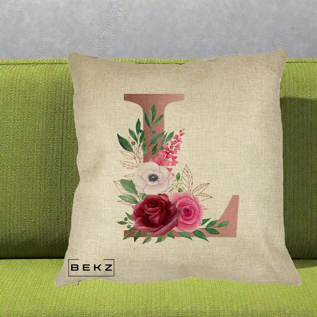 Cadou Personalizat - Perna Personalizata Monograma Rose Gold Litera L, 40x40 cm, Crem, Husa Detasabila, Perna Inclusa, BEKZ®