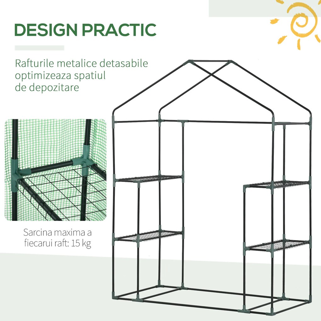 Outsunny Sera de Grădină din Oțel și Plastic PE cu 4 Rafturi, Frânghii și Țăruși Inclusi, 141x72x191 cm, Verde | Aosom Romania