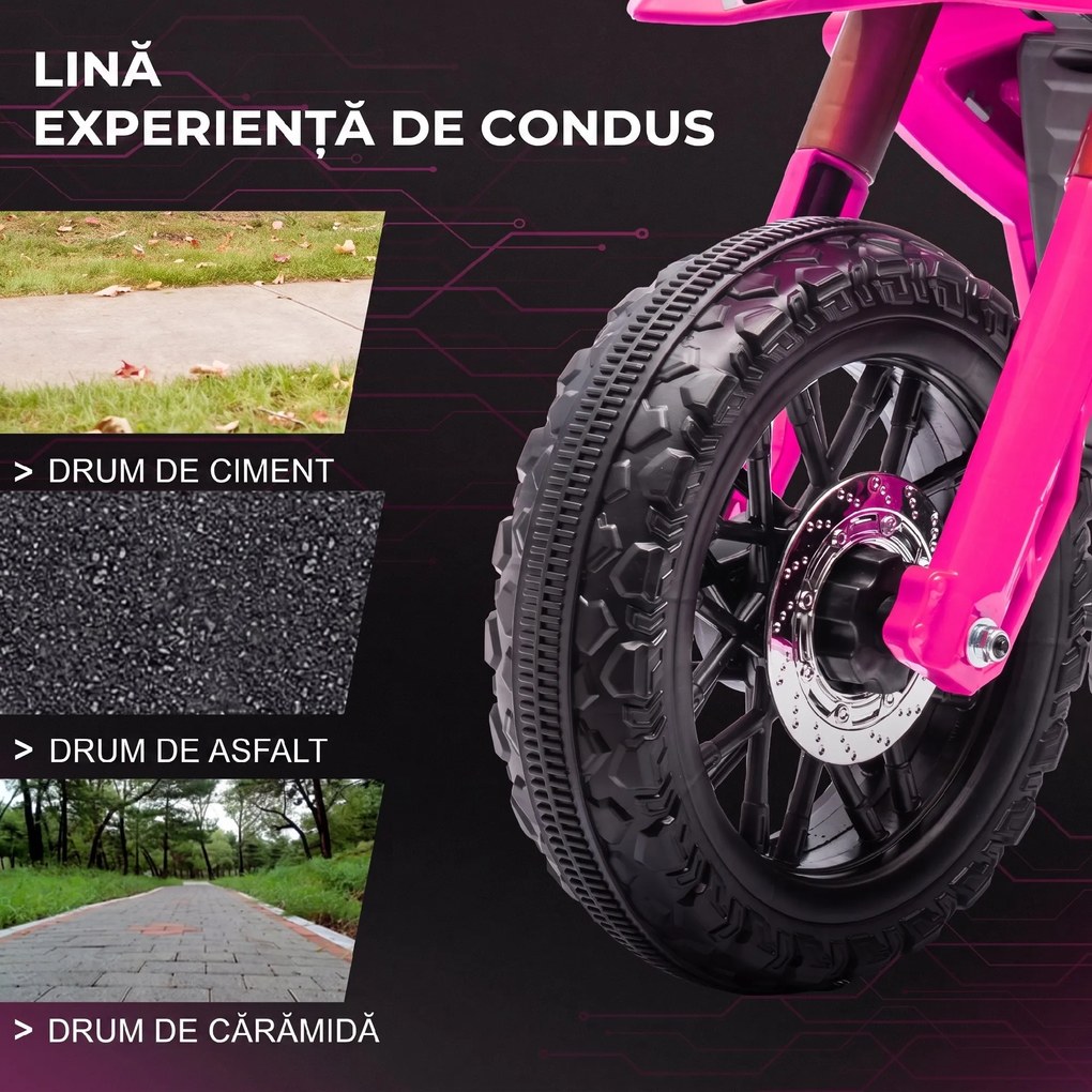AIYAPLAY Moto cross electrică pentru copii 3-8 ani, baterie 6 V, 2 motoare, claxon și roți de antrenament, încărcare 30KG, roz | Aosom Romania
