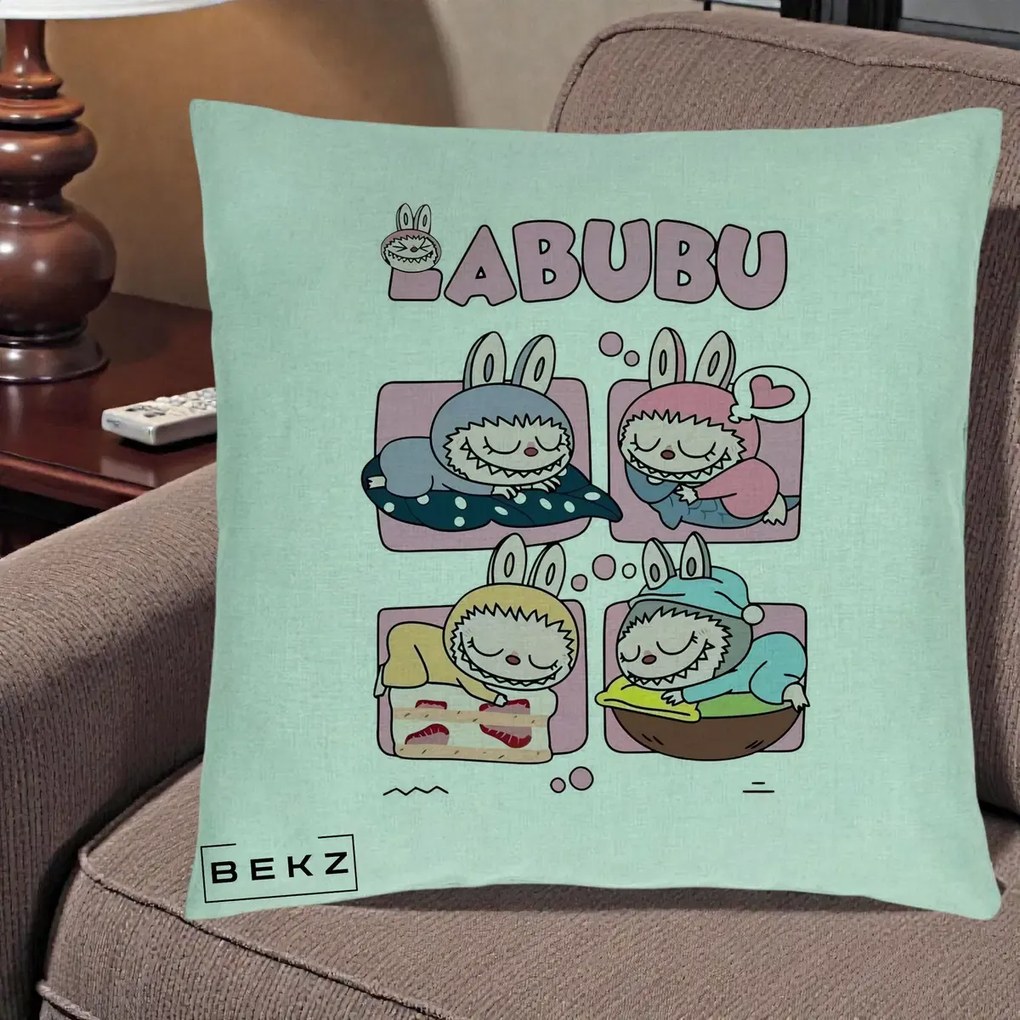 Perna Personalizata Labubu Sleeping Quad Grid, 40x40 cm, Verde Menta, Husa Detasabila, Perna Inclusa, BEKZ®