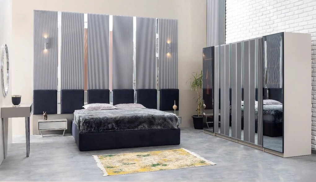 Pat set cu tablie decorativa cu oglinzi, noptiere si iluminat integrat 160x200 - istanbul