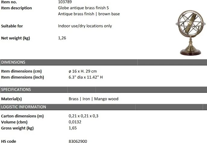 Obiect decorativ LUX Globe S, alama antica 103789 HZ