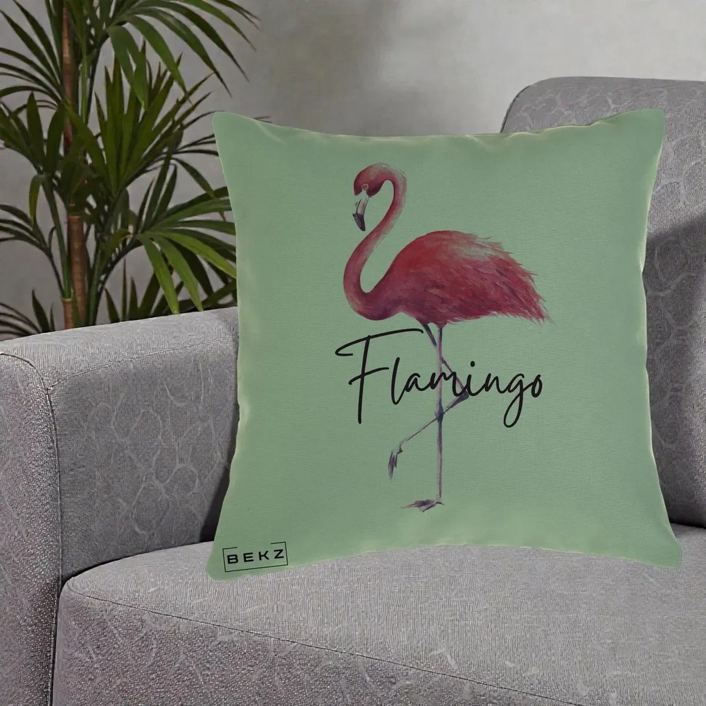 Perna Decorativa Flamingo Acuarela, 40x40 cm, Verde, Husa Detasabila, Perna Inclusa, BEKZ®