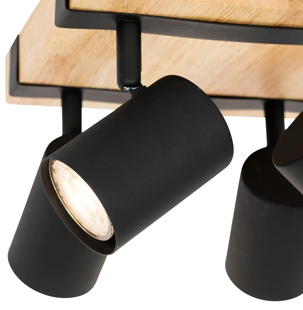 Spot luminos inteligent de tavan negru cu lemn 4 lumini reglabile, inclusiv Wifi GU10 50mm - Jeana