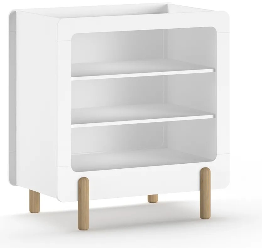 Set mobilier pentru copii SMILE, alb, pat 60 x 120 cm cu bare robuste și bază reglabilă, masă de schimbat cu trei rafturi deschise și dulap cu suport