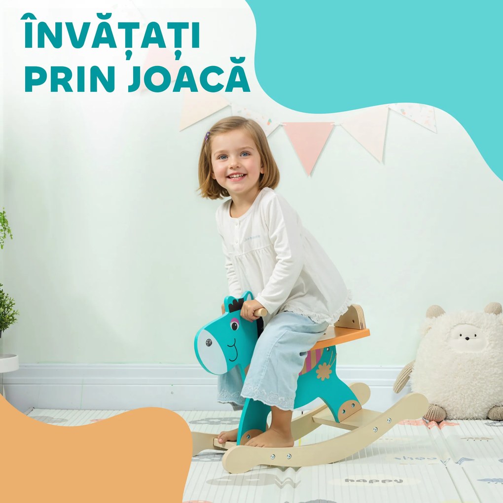 AIYAPLAY Cal de Lemn în Formă de Măgar pentru Copii cu Bază Largă, din Lemn, 59x27x43 cm, Verde Închis și Portocaliu | Aosom Romania