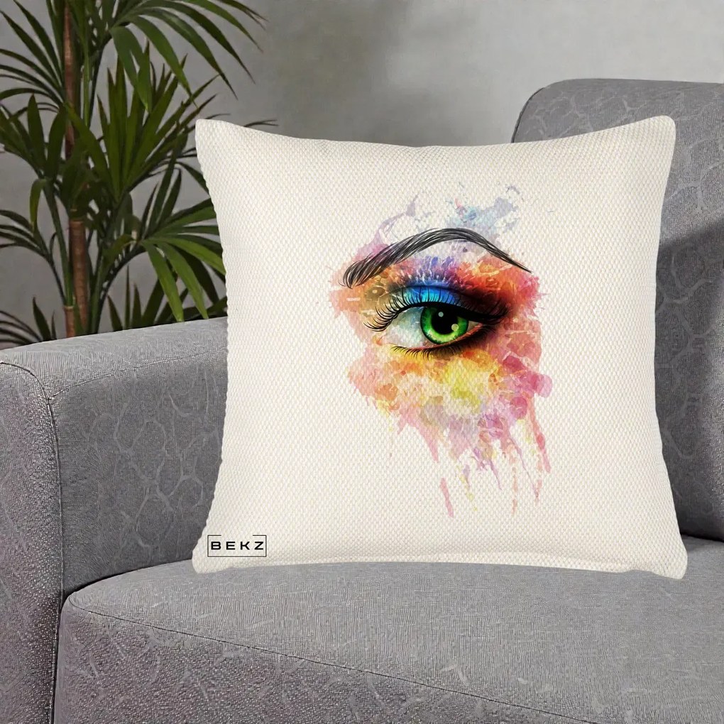 Perna Decorativa Ochi Verde Acuarela, 40x40 cm, Crem Reliefat, Husa Detasabila, Perna Inclusa, BEKZ®
