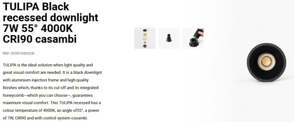 Spot LED incastrabil TULIPA Black recessed downlight 7W 55° 4000K CRI90 casambi