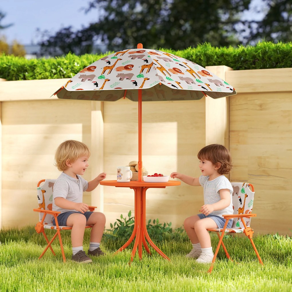 AIYAPLAY Set de Grădină pentru Copii, Masă și Scaune cu Umbrelă, Masă de Picnic pentru Exterior cu 2 Scaune Pliabile pentru Copii de 2-5 Ani, Portocaliu | Aosom Romania