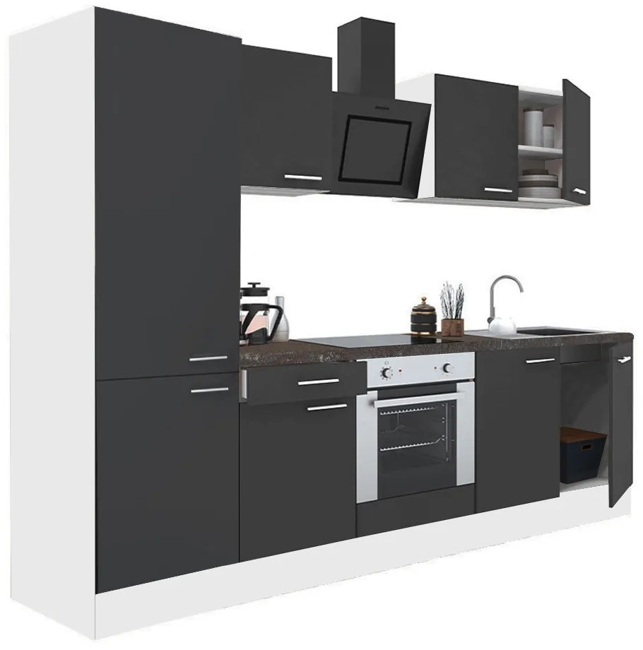 Mobilă de bucătărie Yorki 270, corp alb, față antracit satinat, element inferior cuptor, dulap raft