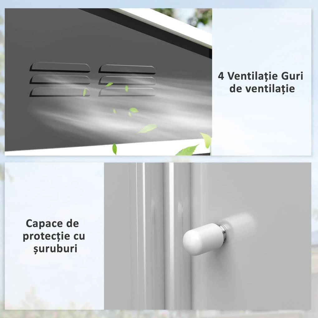 Outsunny Căsuță de Grădină 3.6m² din Oțel Zincat cu Grile de Ventilație, Căsuță de Grădină cu Uși Glisante Duble Blocabile, Acoperiș Înclinat, Căsuță pentru Unelte cu Mănuși, Gri Închis | Aosom Romania
