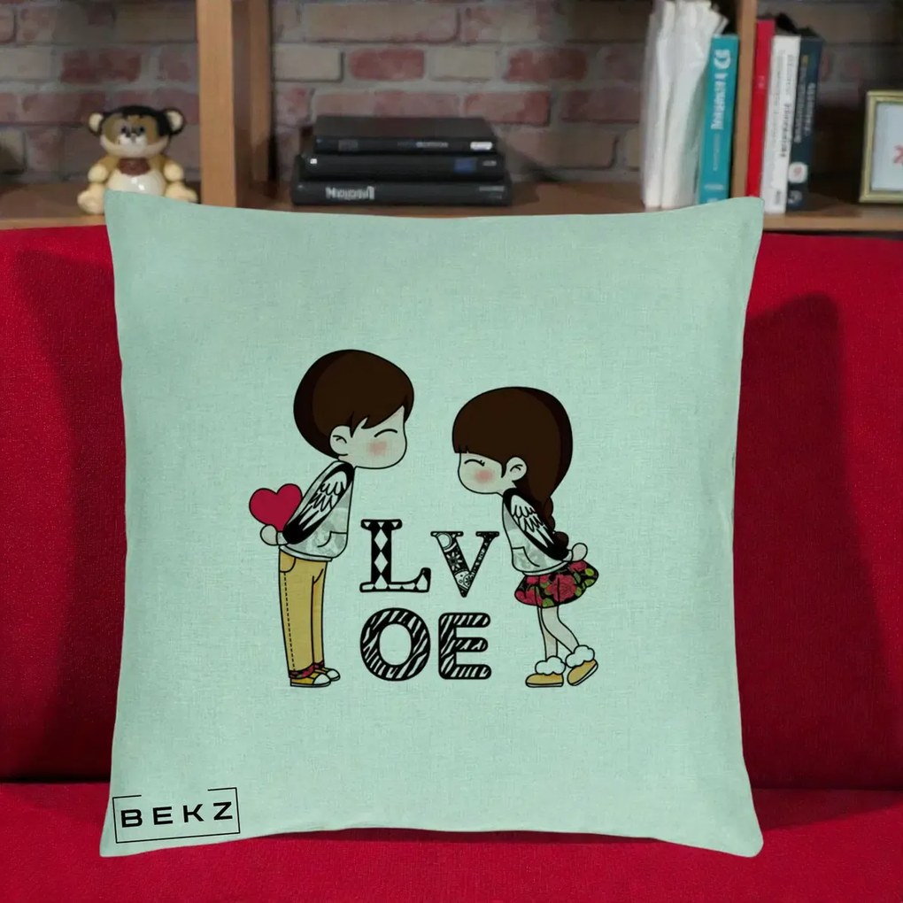 Cadou Romantic - Perna Personalizata Cuplu Kawaii LOVE, 40x40 cm, Verde Menta, Husa Detasabila, Perna Inclusa, BEKZ®
