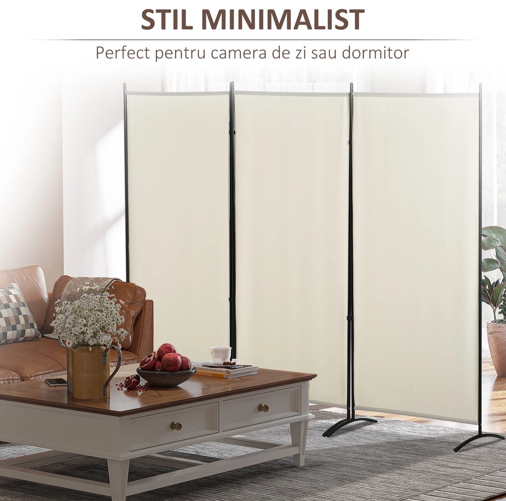 HOMCOM Paravan interior cu 3 panouri, separeu pliabil pentru spatii din metal si poliester, 253x50x182cm, bej | Aosom Romania