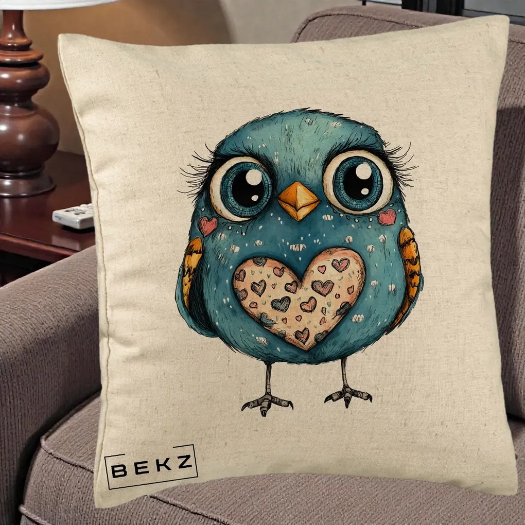 Perna Decorativa Bufnita Albastra cu Inimioare, 40x40 cm, Bej, Husa Detasabila, Perna Inclusa, BEKZ®