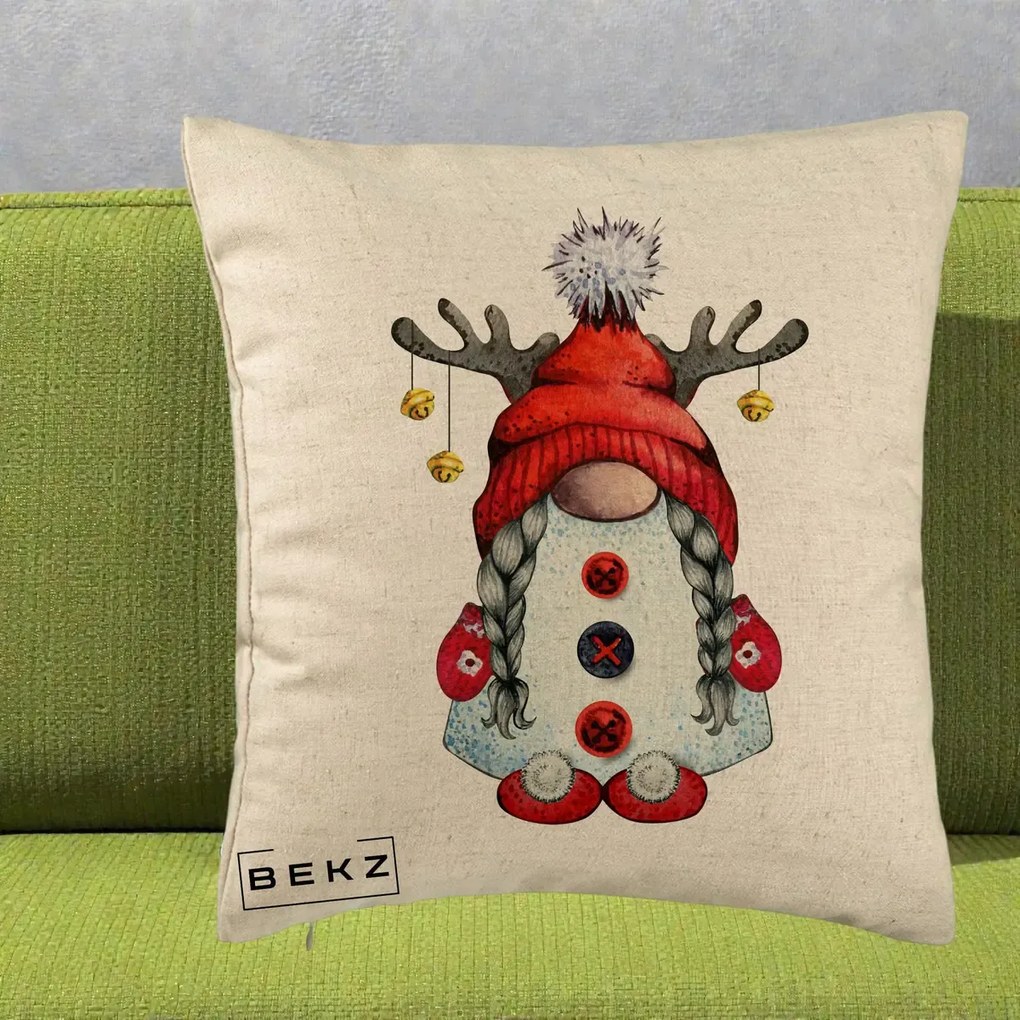 Perna Decorativa Pitic Gnom Craciun cu Coarne de Ren, 40x40 cm, Bej, Husa Detasabila, Perna Inclusa, BEKZ®