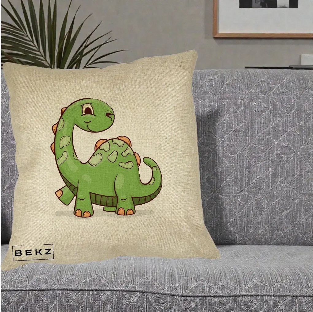 Perna Decorativa Brontosaur Verde Simpatic, 40x40 cm, Crem, Husa Detasabila, Perna Inclusa, BEKZ®