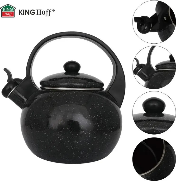 Ceainic cu fluier Kinghoff KH 2039, 2 l, interior emailat, compatibil cu plitele cu inducție, negru