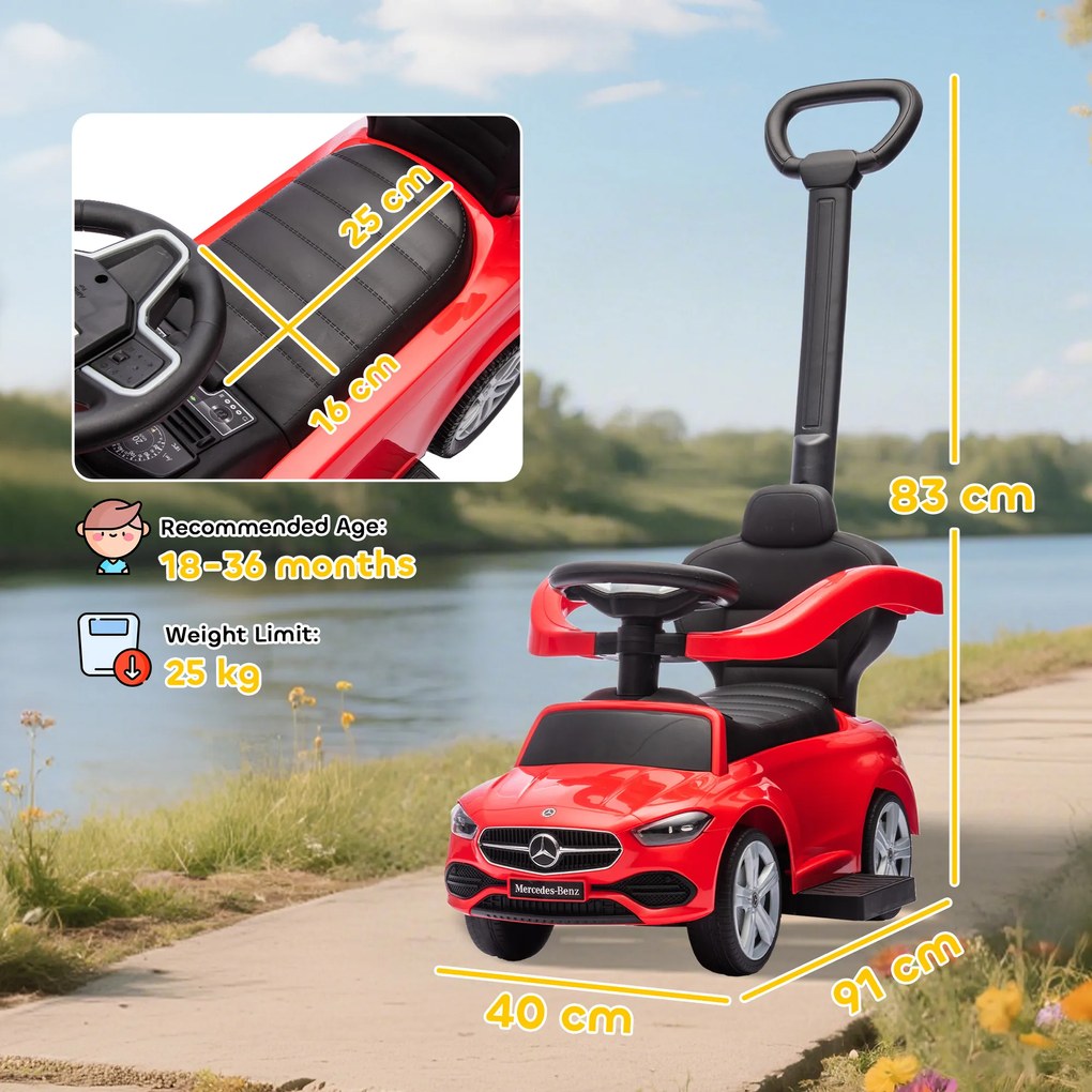 AIYAPLAY Premergător copii Mercedes-Benz cu licență, mașină de împins cu mâner detașabil, 91 x 40 x 83 cm, roșu | Aosom Romania