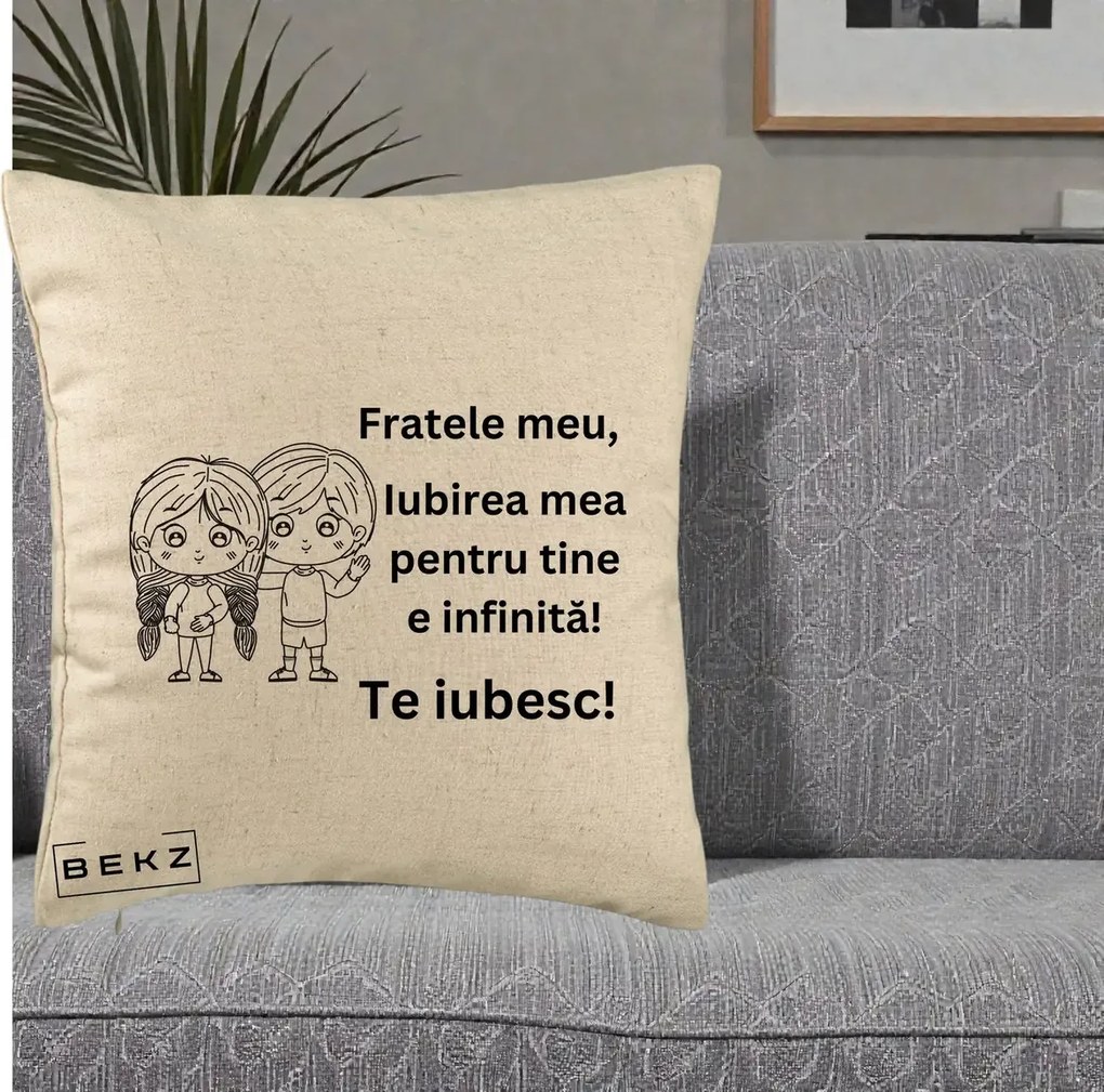 Cadou pentru Frate - Perna Personalizata Fratele Meu Te Iubesc Copii Anime Line Art Negru, 40x40 cm, Bej, Husa Detasabila, Perna Inclusa, BEKZ®