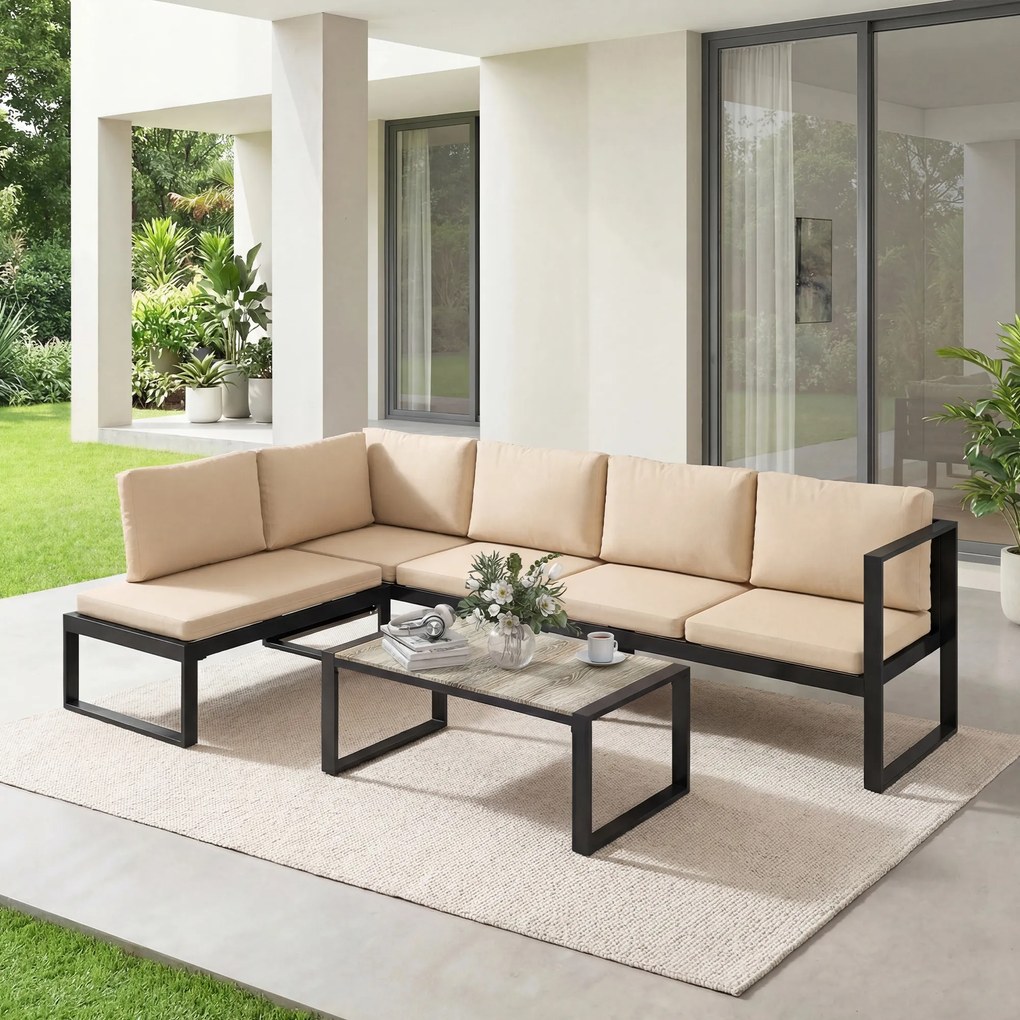 Outsunny Set mobilier de grădină 4 piese, set canapele cu 2 canapele duble, scaun fără brațe, masă de cafea, pentru balcon, Khaki | Aosom Romania