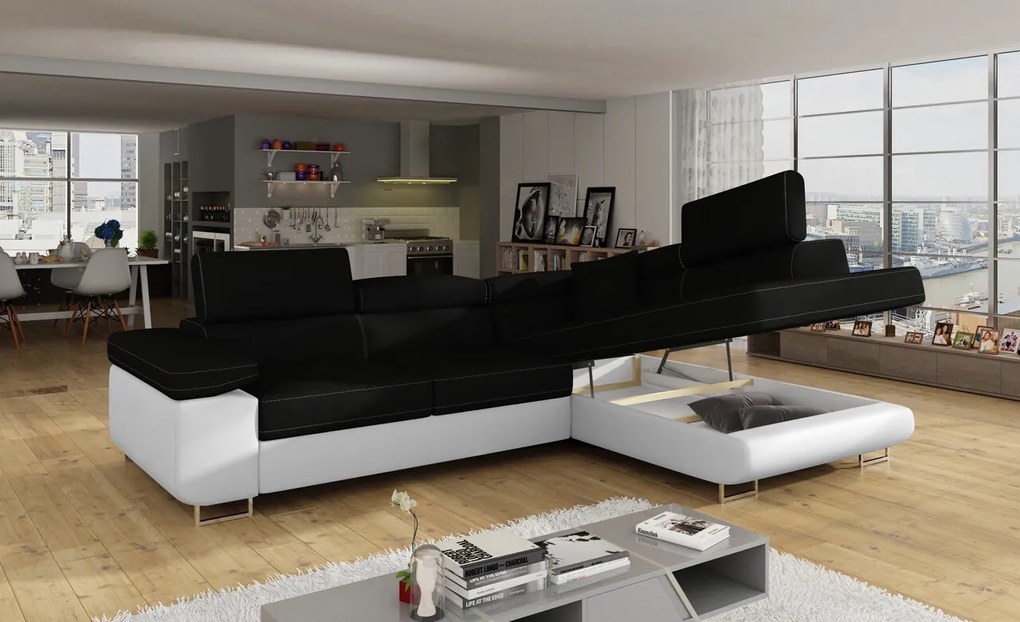 Coltar extensibil dreapta 4 locuri, ELTAP, Anton, 272x203x85 cm, lemn/poliester, negru/alb