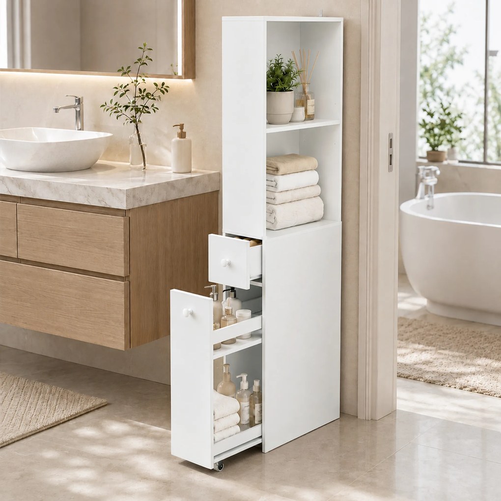 HOMCOM Dulap Baie Slim cu Organizator Glisant pe Roți, Sertar și Raft Reglabil, MDF, 18 x 40 x 135 Cm, Alb | Aosom Romania