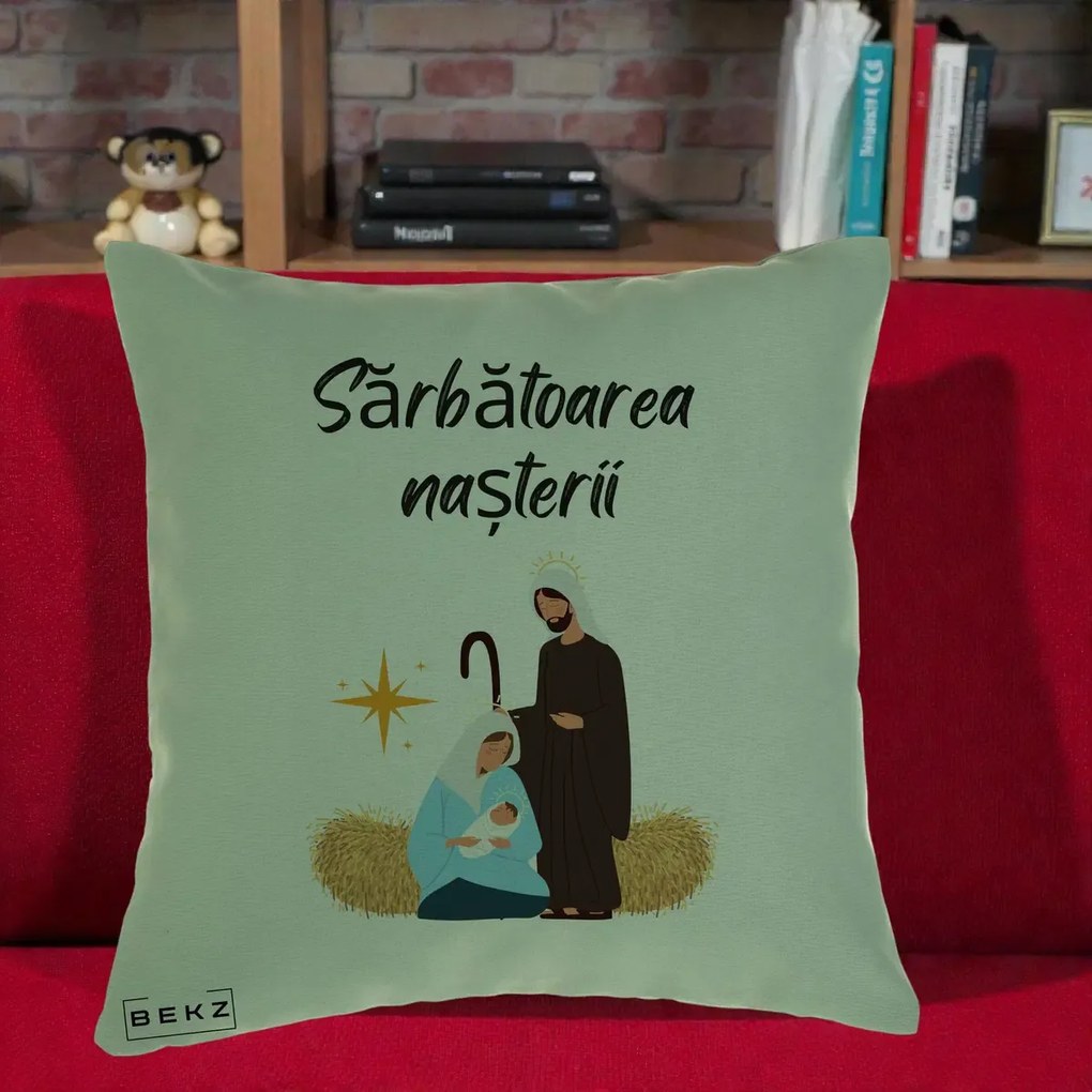 Perna Decorativa Nasterea Domnului Sfanta Familie Sarbatoarea Nasterii, 40x40 cm, Verde, Husa Detasabila, Perna Inclusa, BEKZ®