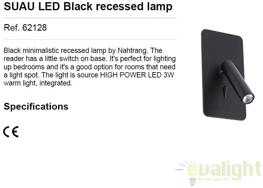 Lampa de perete cu reader LED incastrabila design modern minimalist SUAU neagra 62128