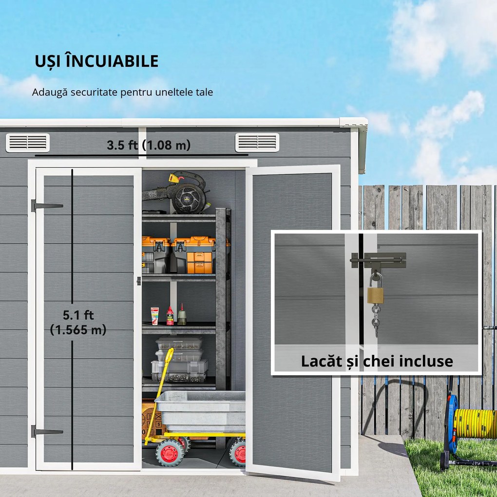 Outsunny Căsuță de Grădina pentru Unelte cu Podea, 2 Uși, Încuietoare și Acoperiș Înclinat, 238x125x183 cm, Gri | Aosom Romania
