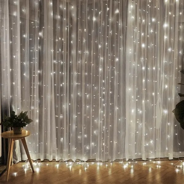 Perdea LED de Crăciun Brilagi 300xLED/8 funcții/3xAA/USB 1,2m alb rece