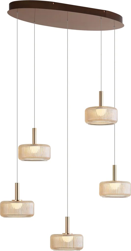 Lampă suspendată de design auriu roz cu sticlă chihlimbarie, inclusiv LED reglabil în 3 trepte, cu 5 lumini Easylift - Fiera