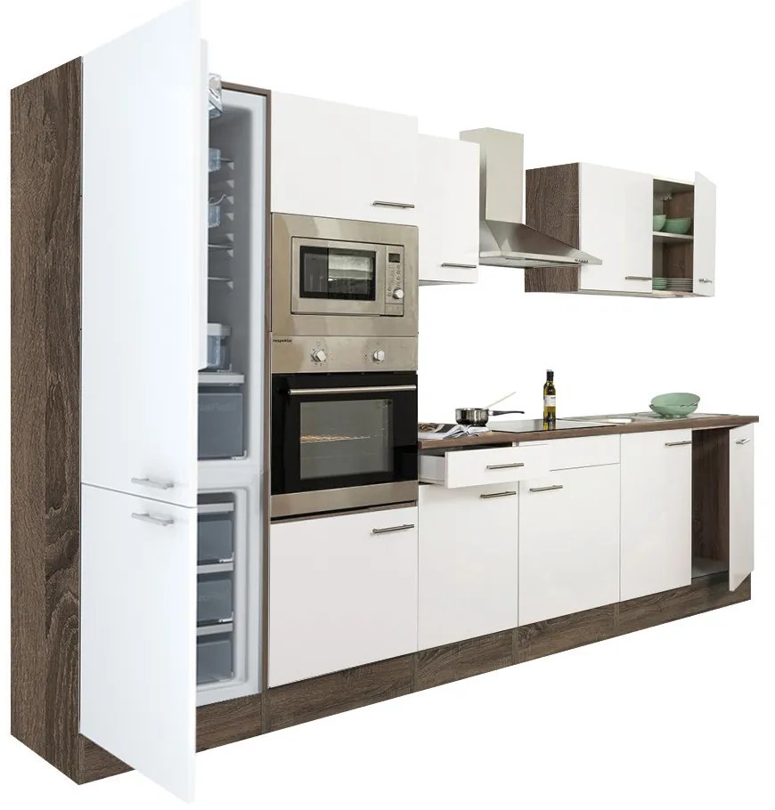 Mobilă de bucătărie Yorki 330, corp din stejar Yorki, față alb satinat, frigider cu congelator în partea de jos