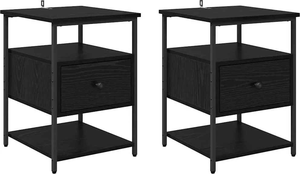 vidaXL Dulap de noapte cu sertar 2 pcs Stejar Negru 40 x 42 x 56 cm