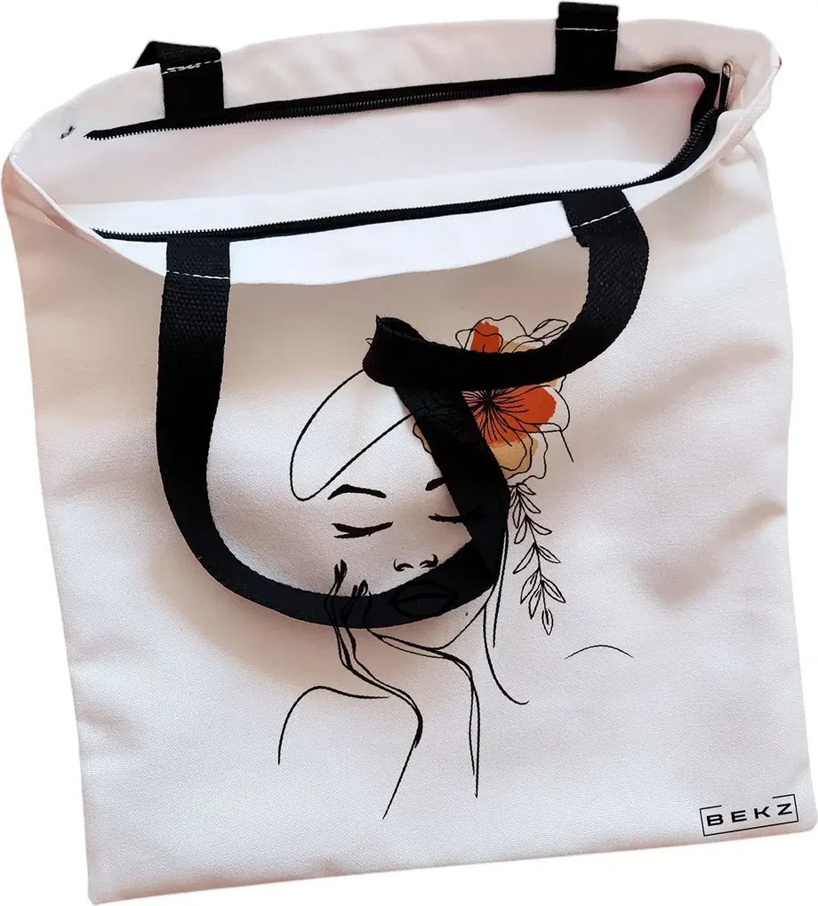 Sacosa de Panza pentru Cumparaturi, Geanta Tote, Flower Lady 13, Cu fermoar, 38x34.5 cm, Alba, BEKZ®