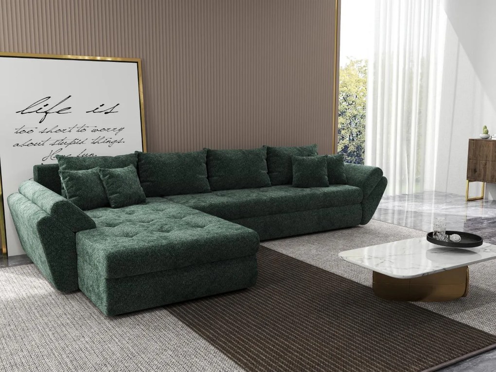 Colțar extensibil dumonde cu ladă de depozitare si sezut confortabil din spuma high-density, Loana XL Euphoria Verde 335x185 cm