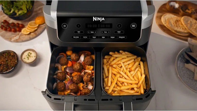 Friteuza cu aer cald Ninja Foodi Dual Zone DZ801EU, 2470 W, Zone de gatit independente, 7,6 l, 6 programe, 40-240°C, Max Crisp, Sync, Gri/Inox