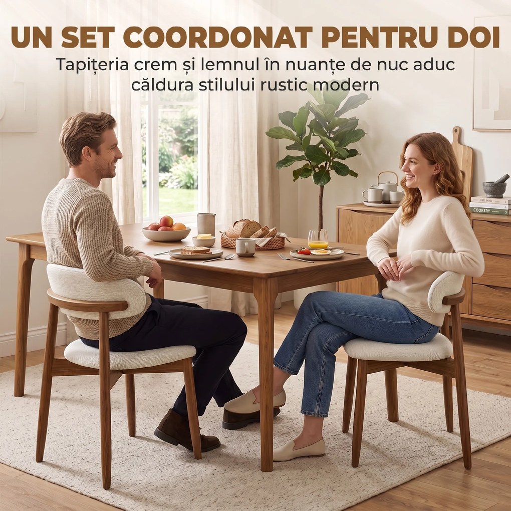 HOMCOM Set 2 scaune de dining moderne, cu spătar curbat, alb crem | Aosom Romania