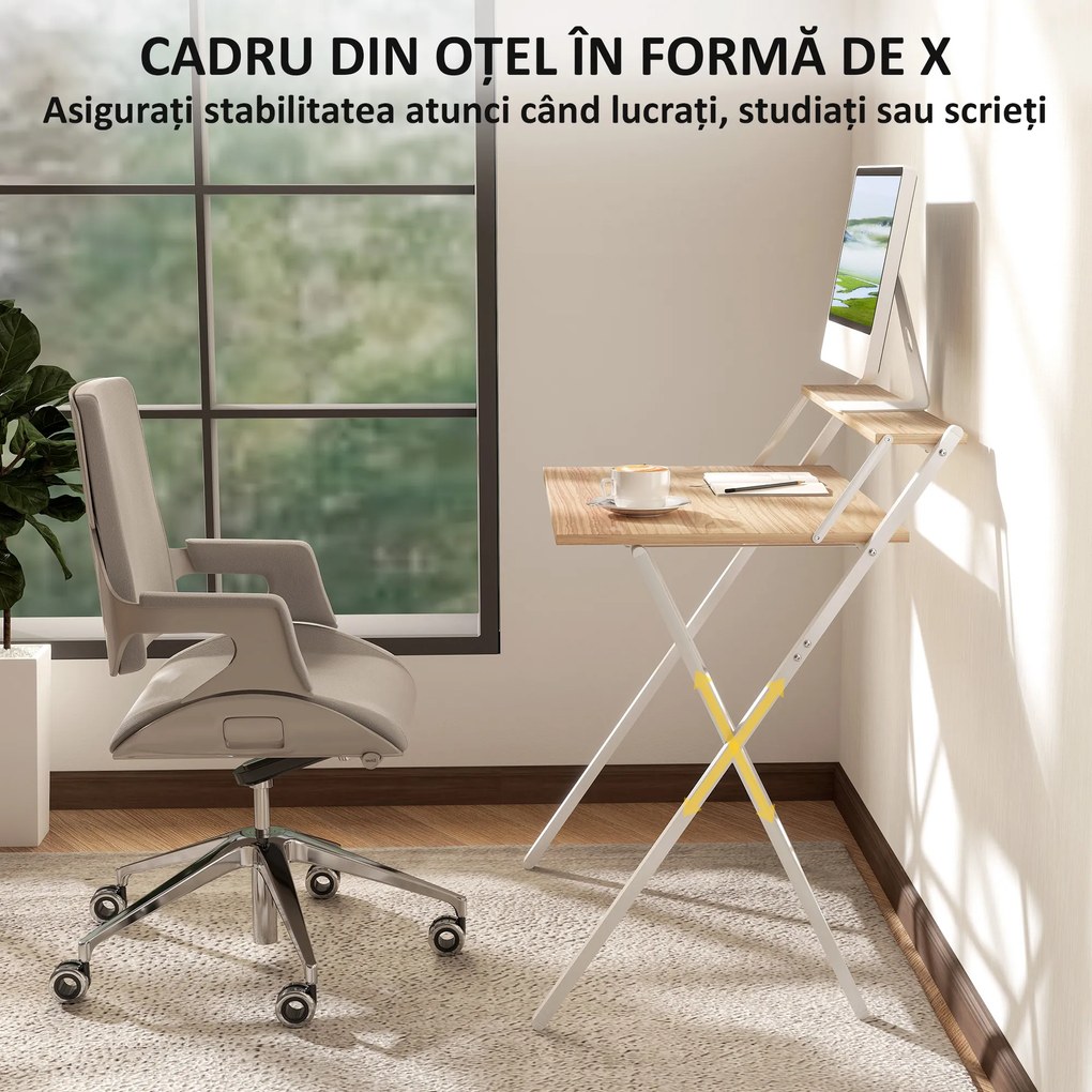 Birou HOMCOM pliant compact, suport monitor, lemn natural | Aosom Romania
