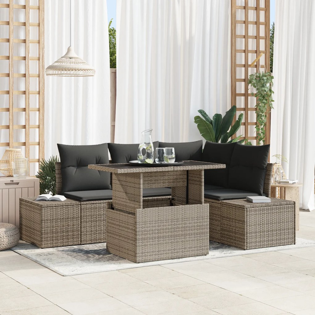 vidaXL Set de canapea de grădină 5 piese cu perne, gri, din rattan și poliester