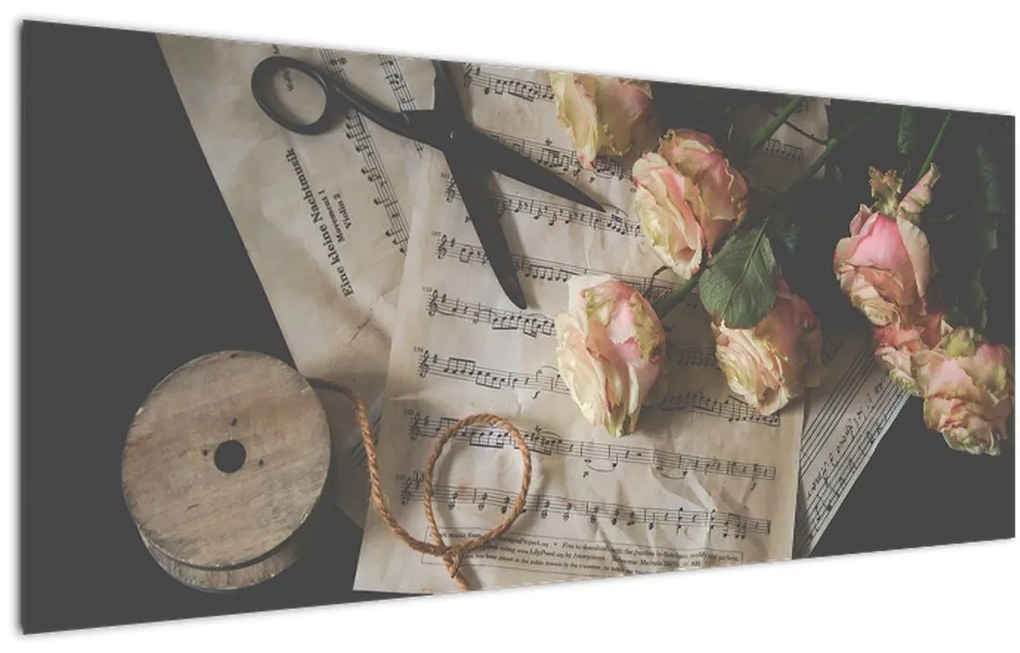 Tablou cu note muzicale și trandafiri (120x50 cm)